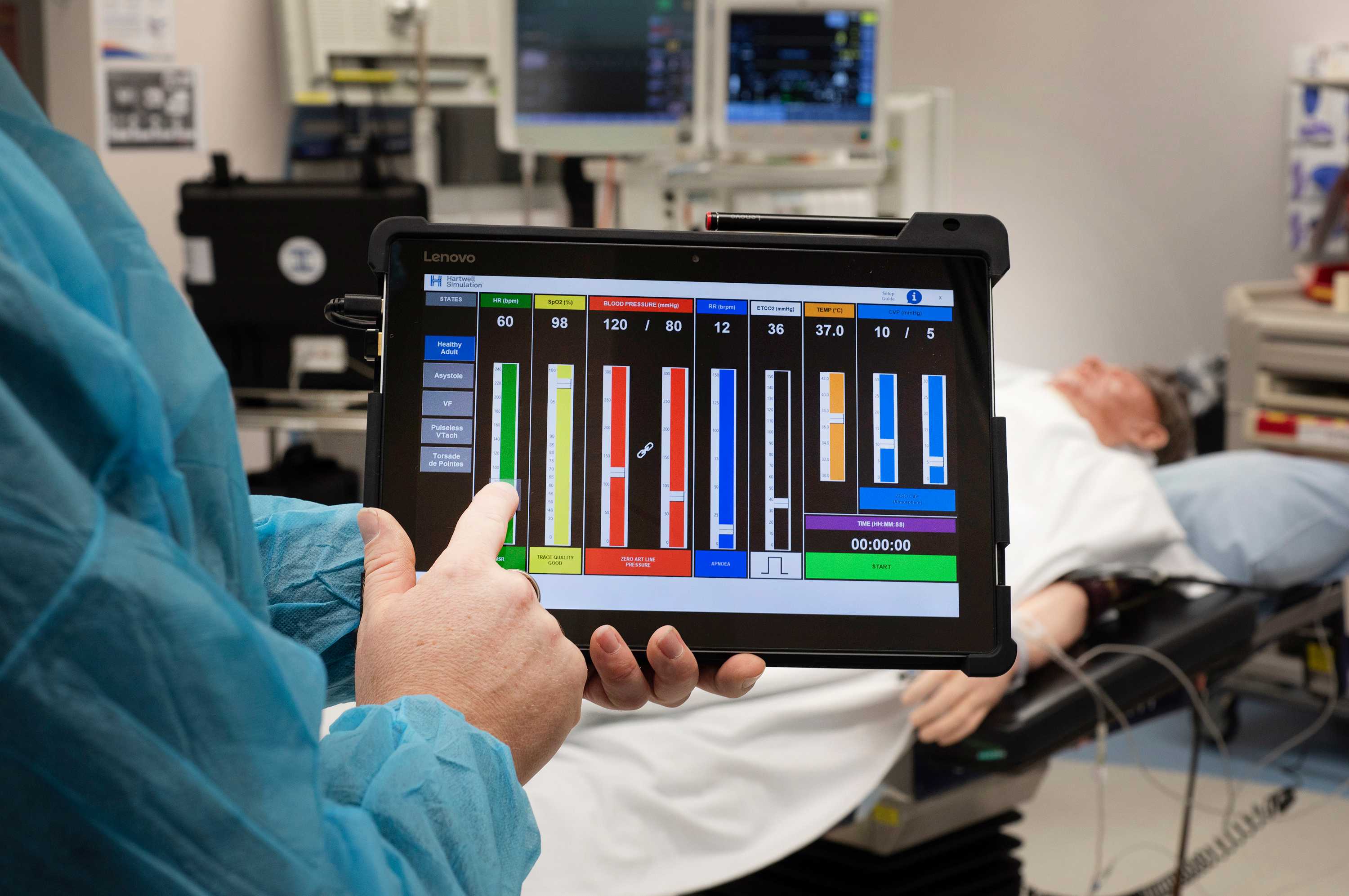 The Hartwell Simulation interface allows for easy control of real patient monitors to create realistic scenarios.